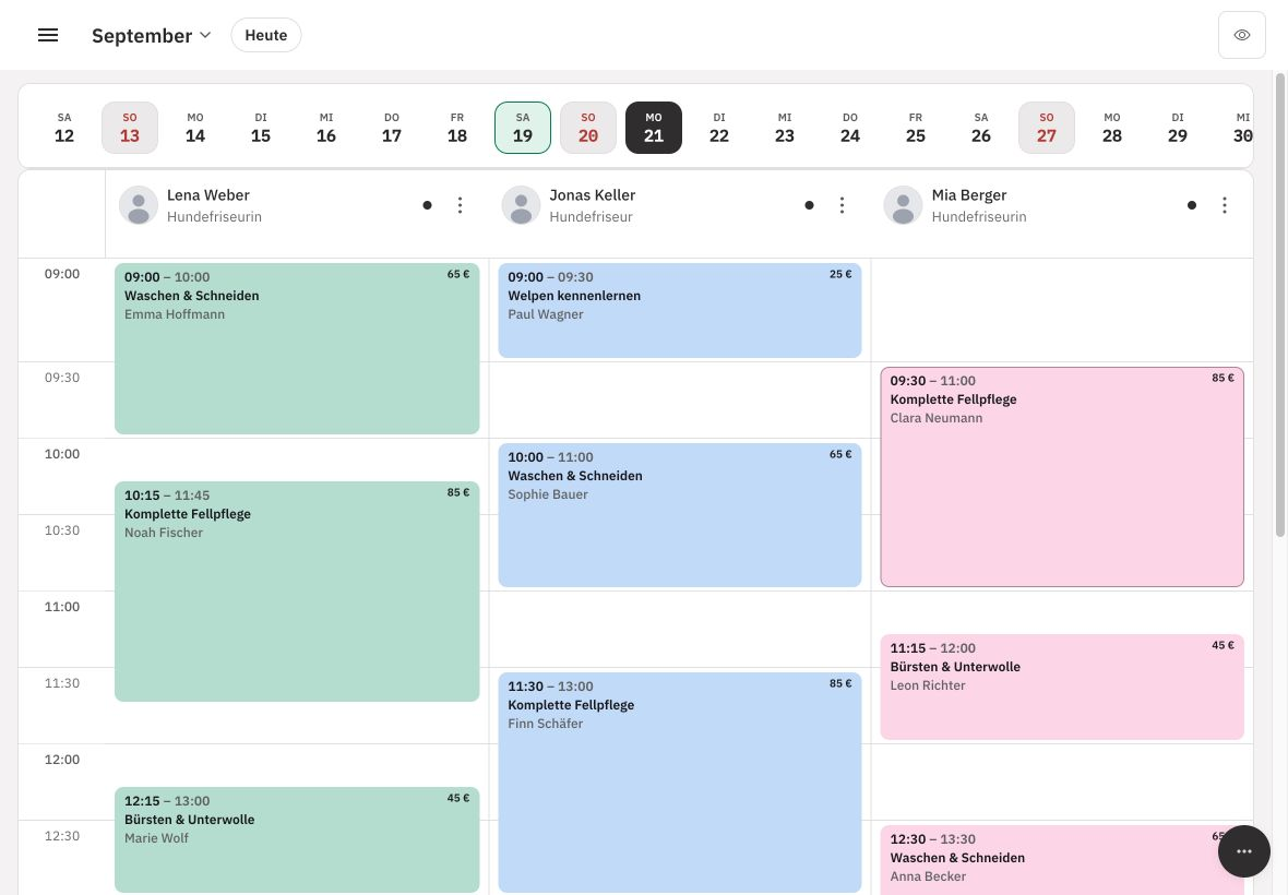 Echter Planbar-Teamkalender des fiktiven Hundesalons Pfotenzeit mit Terminen für Fellpflege, Schneiden und Welpenpflege.